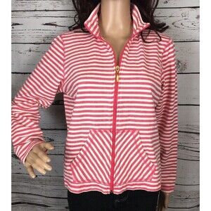 Abby & Friends Pink and White Stripe Zip Front Knit Jacket Medium Casual Striped